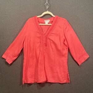Coldwater‎ Creek Womens Coral Pink 100% Linen Pintuck V-Neck 3/4 Sleeve Tunic L